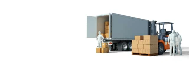 Rendering 3D di un camion merci aperto in fase di carico con muletto, bancali, scatoloni e operai per spedizioni e logistica e-commerce