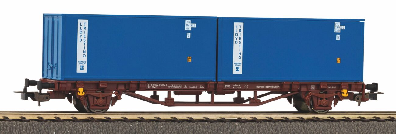Piko 58755 Carro Pianale delle FS con 2 Container da 20 piedi blu Lloyd Triestino in scala H0 epoca quarta