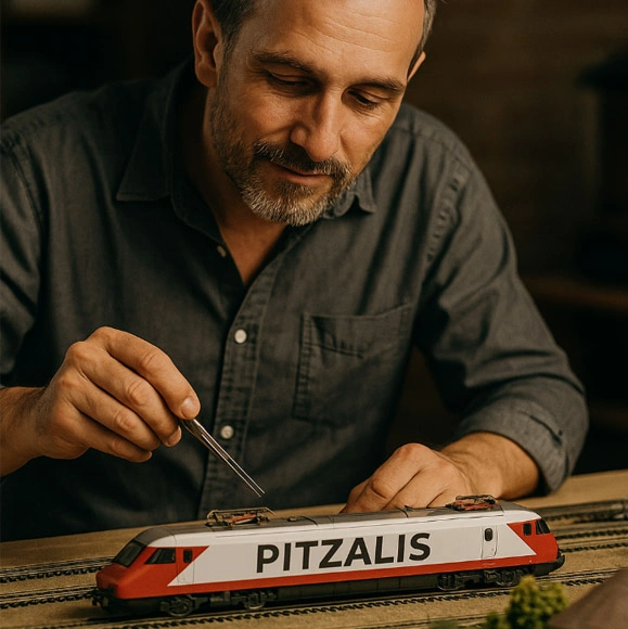 Modellista esperto utilizza le pinzette per la manutenzione e riparazione dei dettagli di una locomotiva Pitzalis