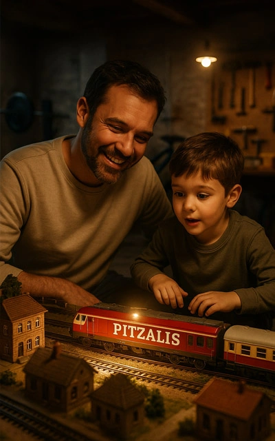Padre e figlio sorridenti giocano insieme con un trenino elettrico rosso personalizzato Pitzalis su un plastico ferroviario illuminato