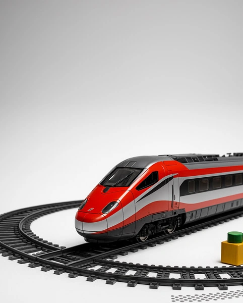 Modellino di treno passeggeri ad alta velocità rosso e grigio su binari curvi