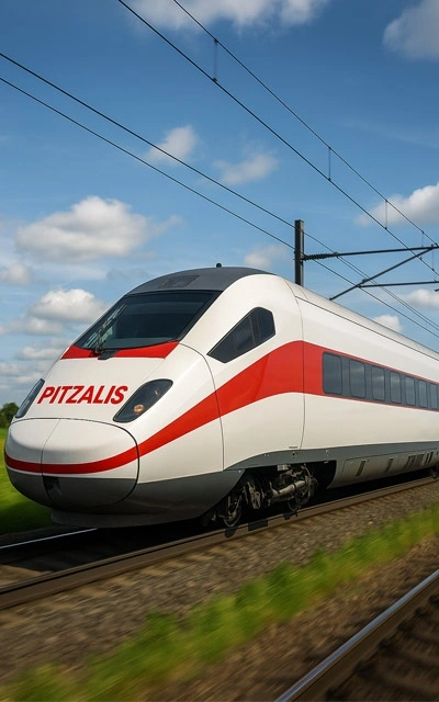 Treno moderno ad alta velocità bianco e rosso con marchio Pitzalis in corsa sui binari sotto un cielo nuvoloso