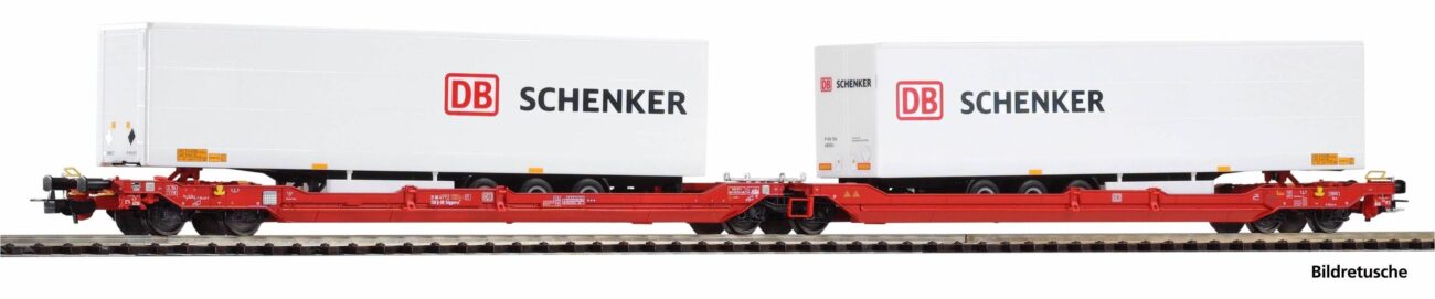 Piko 24626 Carro a Tasca rosso T3000e DB AG con due rimorchi bianchi marchiati "DB Schenker" su binario