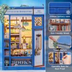 CuteBee BJAA203 Kit Book Nook Cutebee Literature Bookstore: puzzle 3D in legno con luci LED, miniatura di libreria fai-da-te per decorazione scaffali e fermalibri creativo. Vista frontale e di alcuni dettagli.