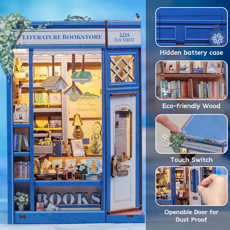 CuteBee BJAA203 Kit Book Nook Cutebee Literature Bookstore: puzzle 3D in legno con luci LED, miniatura di libreria fai-da-te per decorazione scaffali e fermalibri creativo. Vista frontale e di alcuni dettagli.