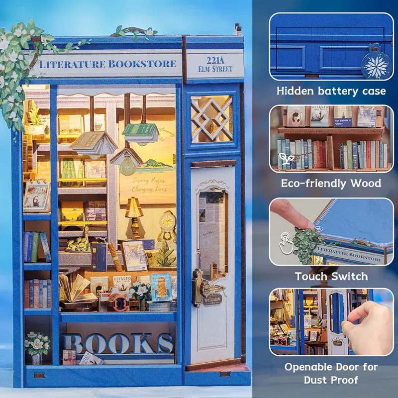 CuteBee BJAA203 Kit Book Nook Cutebee Literature Bookstore: puzzle 3D in legno con luci LED, miniatura di libreria fai-da-te per decorazione scaffali e fermalibri creativo. Vista frontale e di alcuni dettagli.