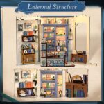 CuteBee BJAA203 Vista intera e dettagli della struttura interna del kit book nook CuteBee Literature Bookstore. Puzzle 3D in legno con luci LED, miniatura fai-da-te per decorare scaffali e fermalibro creativo.