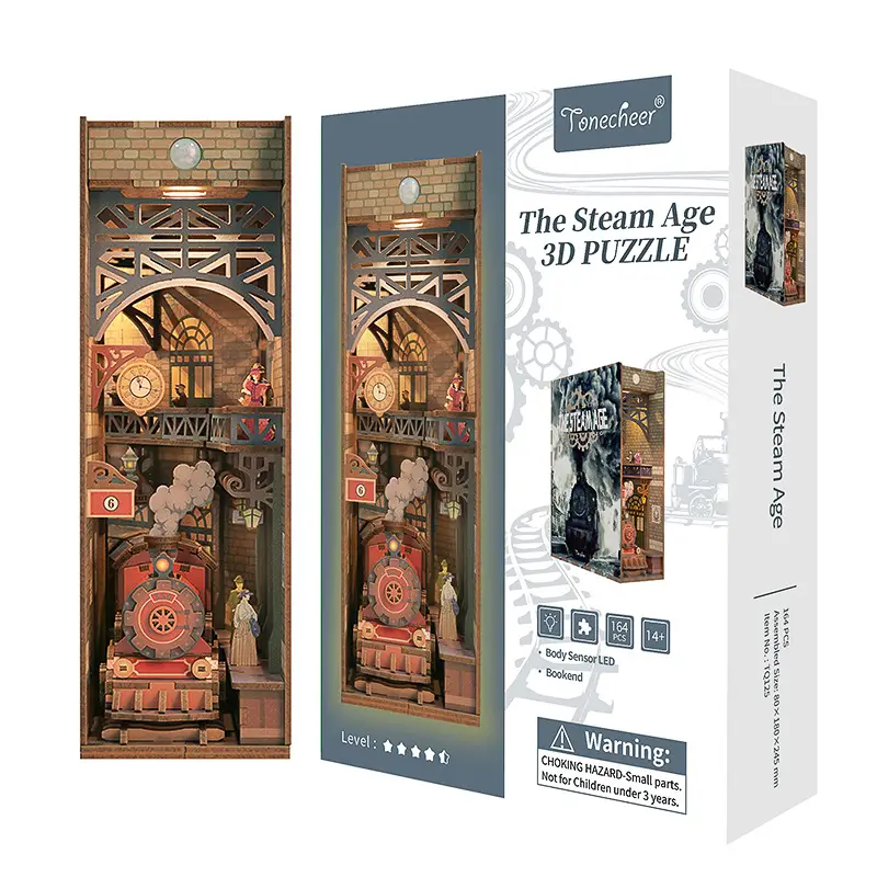 Tonecheer TQ125 Confezione del kit book nook The Steam Age, puzzle 3D in legno a tema stazione ferroviaria steampunk vintage.