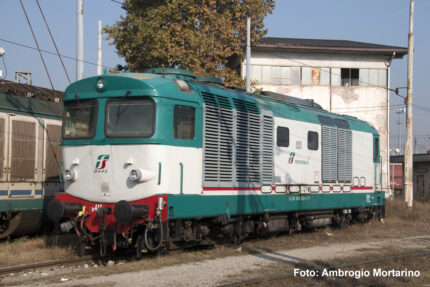 Locomotiva diesel D.445 di prima serie delle FS nella livrea XMPR, con i colori bianco, verde e rosso. La cabina è dotata di vetri piani.