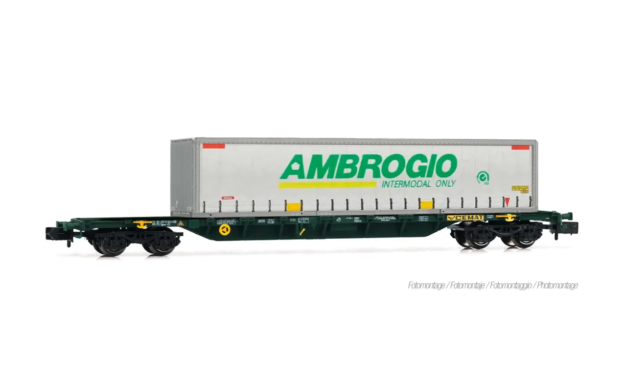 Arnold HN6730 Carro porta-container Sgnss, Cemat, livrea verde, caricato con cassa mobile telonata "Ambrogio" scala N epoca quinta e sesta, Pitzalis Modellismo
