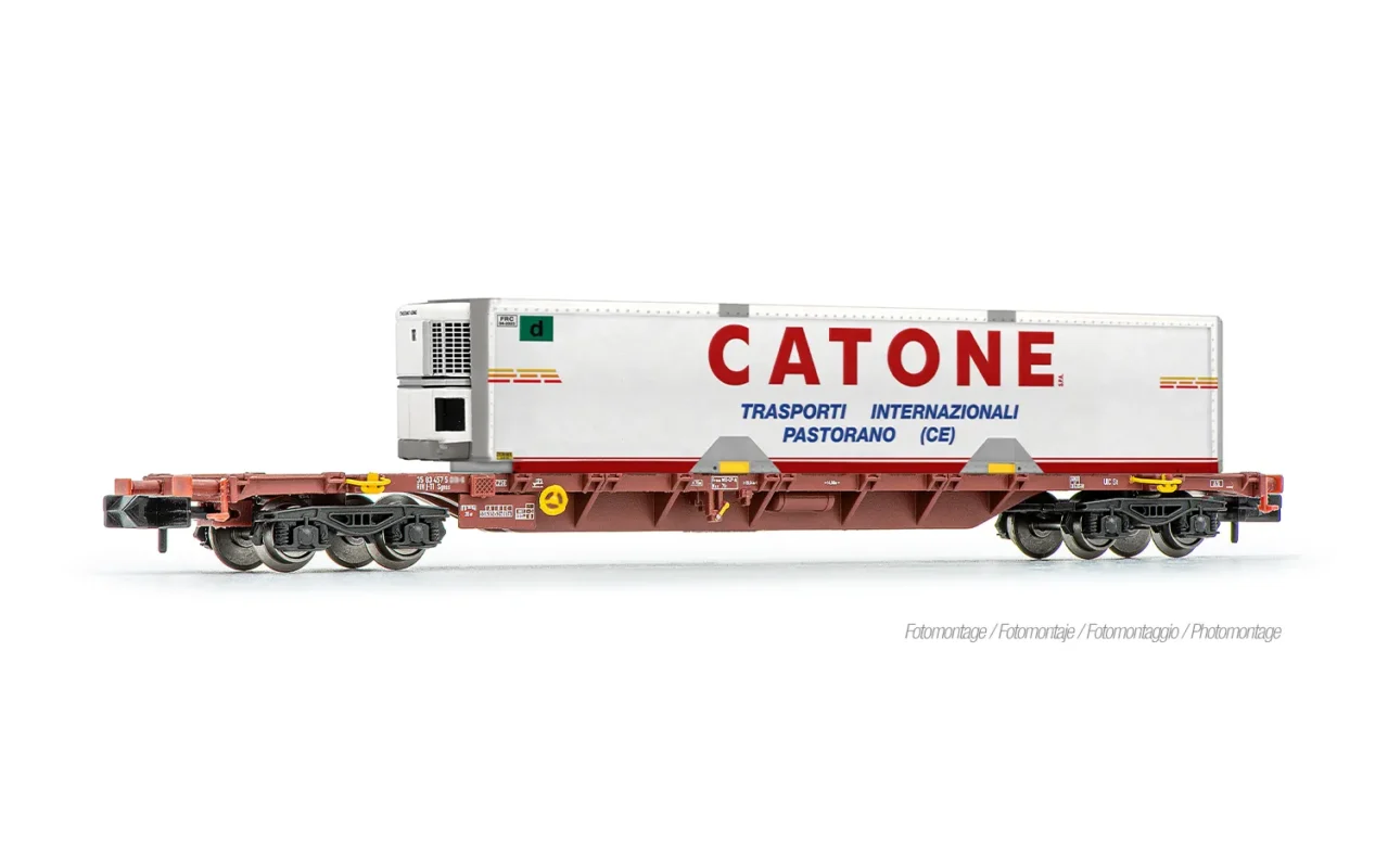 Arnold HN6731 Carro porta-container Sgnss, FS, livrea marrone, caricato con container frigorifero "Catone" scala N epoca quinta e sesta, Pitzalis Modellismo
